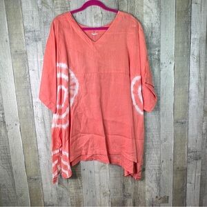 Match Point Linen XL Orange & White Tie Dye V-Neck Short Sleeve Oversized Tunic